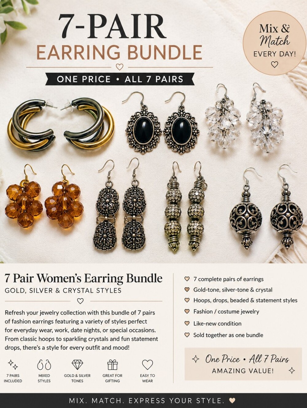 7 Pair Women’s Earring Bundle Gold Silver Crystal Boho Fashion Jewelry